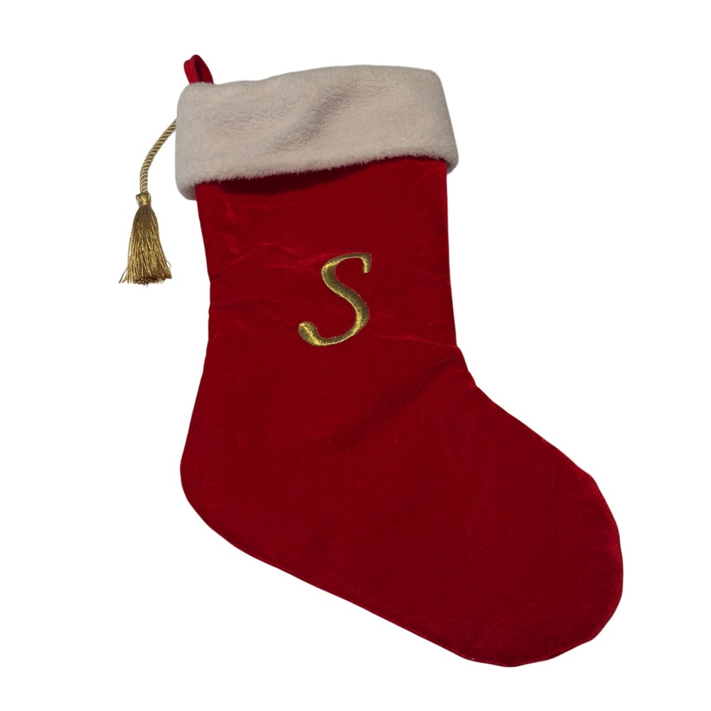 Red Velvet Christmas Stocking Gold Embroidered Letter S White Faux‎ Fur Tassel